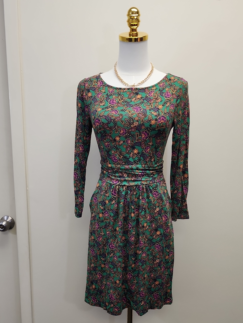 Boden Green Floral Fit & Flare Long Sleeve Dress Size XS